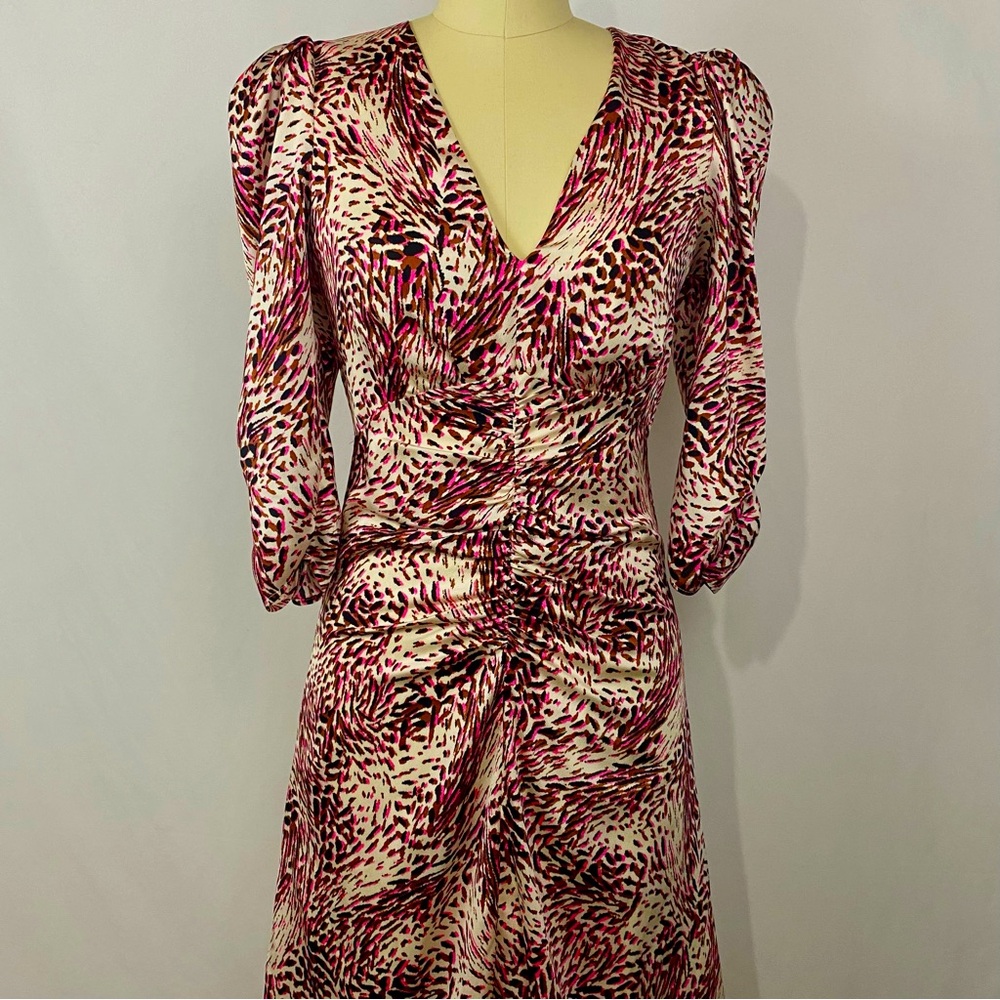 EXPRESS Ruched Silky Vintage Inspired Animal Print Dress NWT X Small